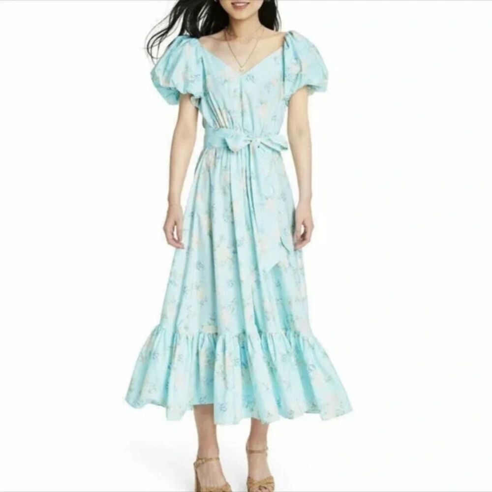 LOVESHACKFANCY X TARGET Floral Puff Sleeve Midi Dress Blue Sz 0‎